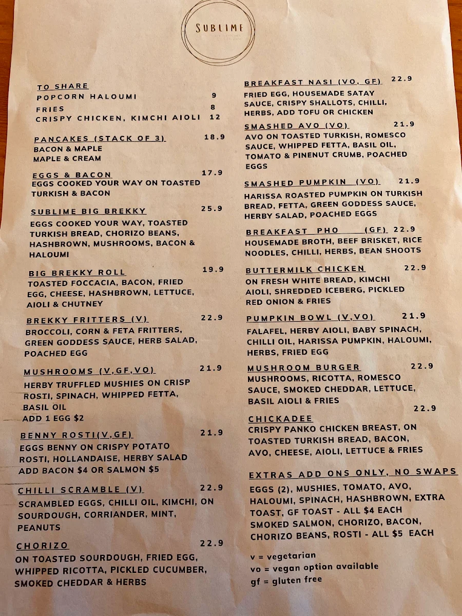 Menu, Sublime Cafe