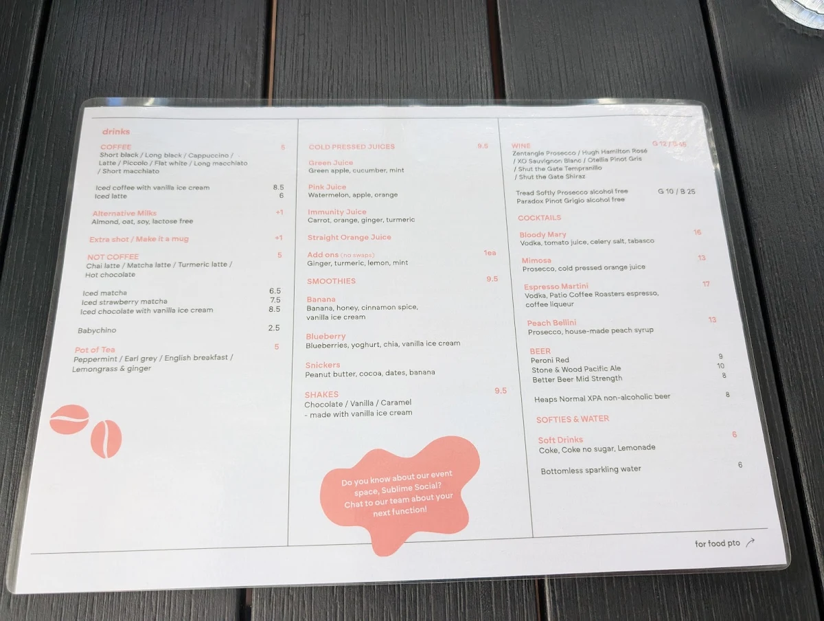 Menu, Sublime Cafe