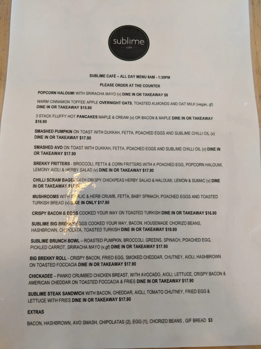 Menu, Sublime Cafe