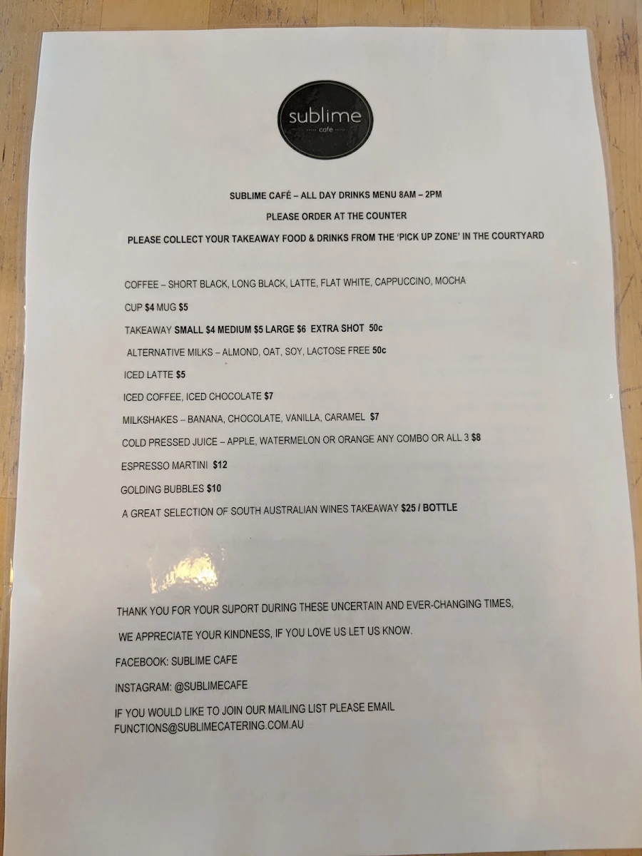 Menu, Sublime Cafe