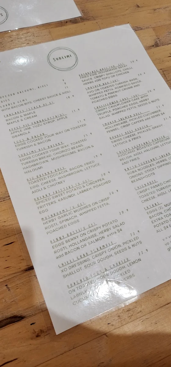 Menu, Sublime Cafe