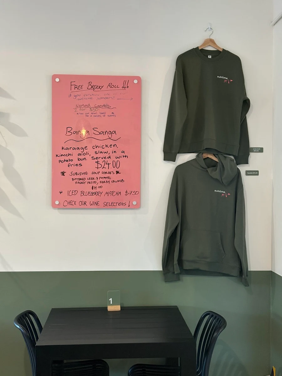 Menu, Sublime Cafe