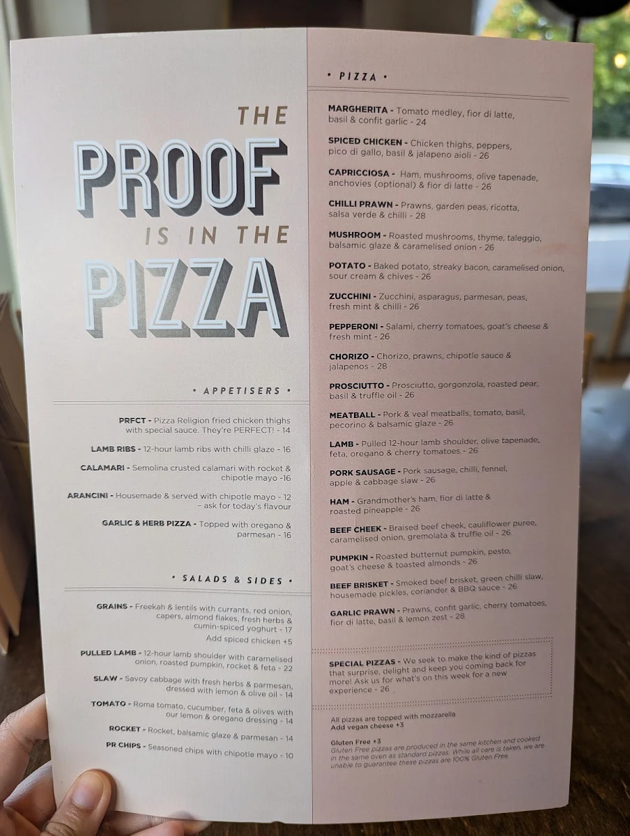 Menu, Pizza Religion Malvern
