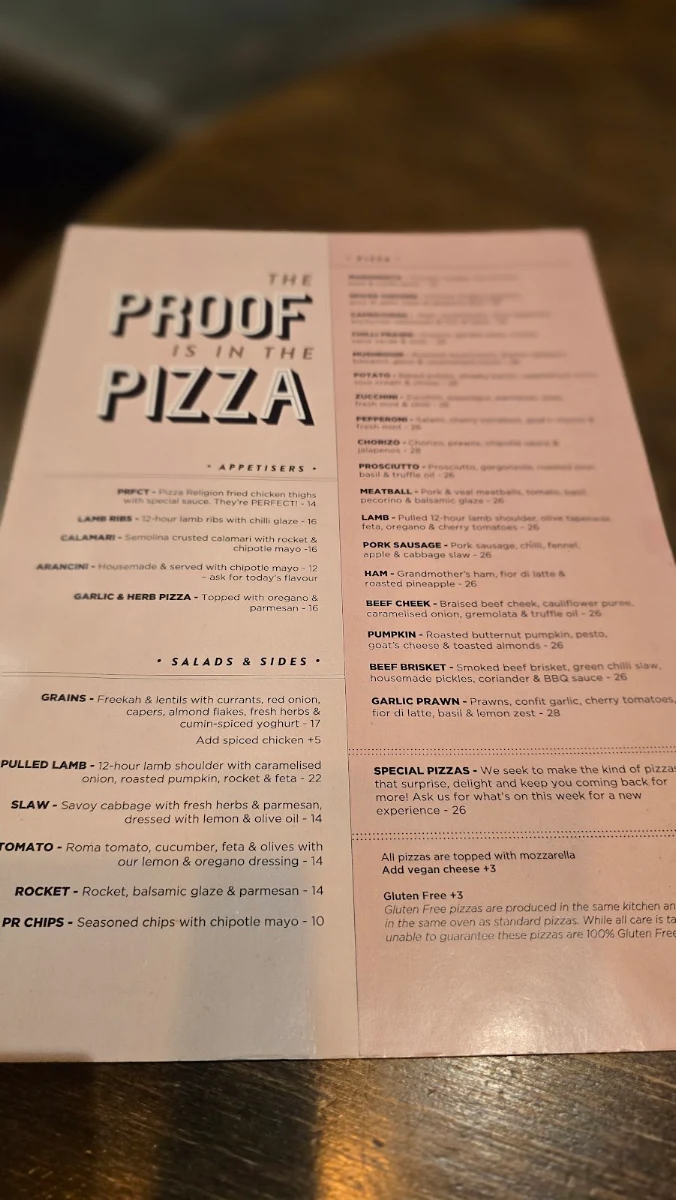 Menu, Pizza Religion Malvern