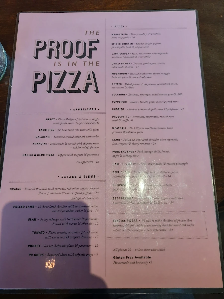 Menu, Pizza Religion Malvern