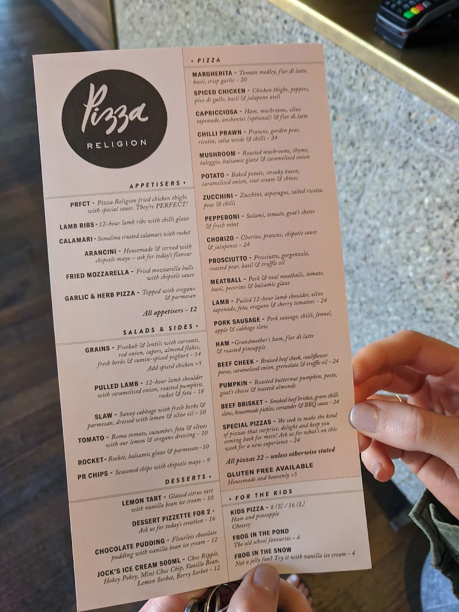 Menu, Pizza Religion Malvern