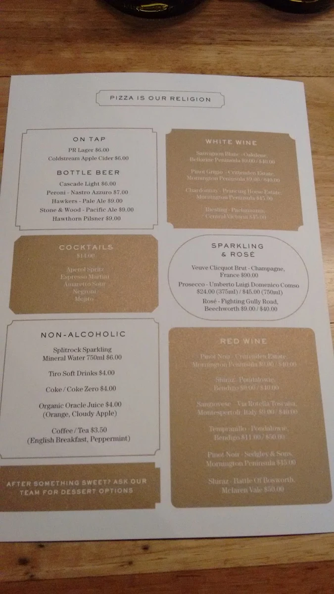 Menu, Pizza Religion Malvern