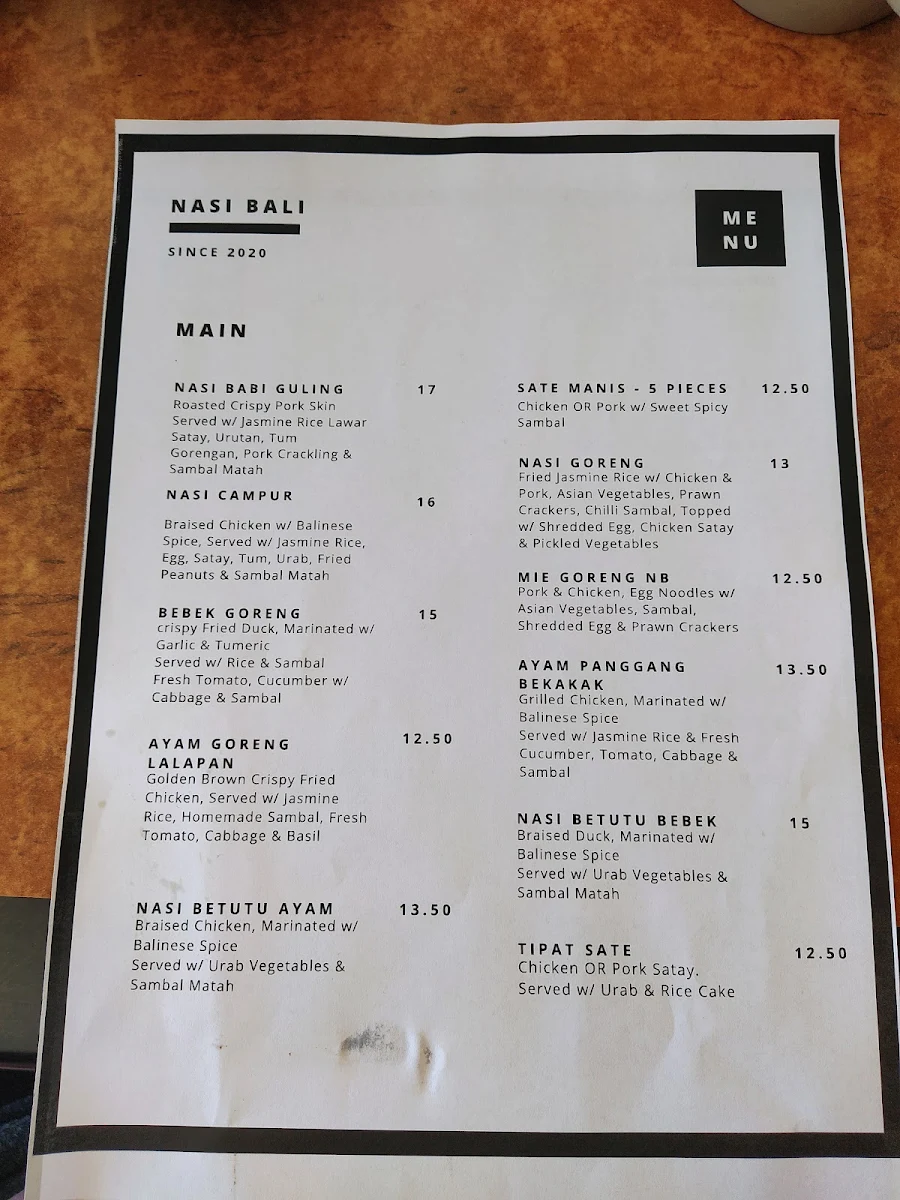 Menu, Warung Nasi Bali