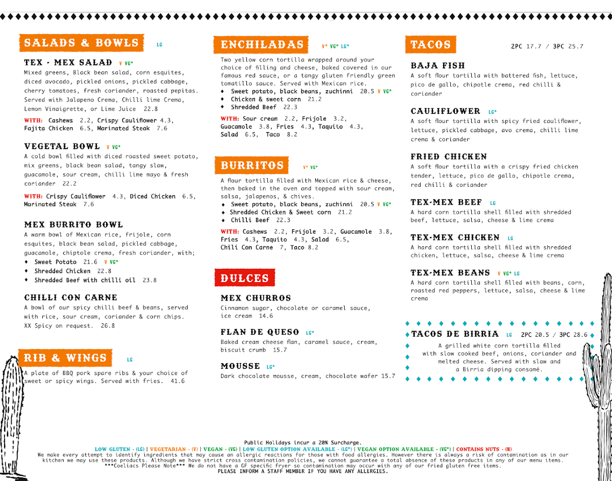 Menu, The Mex