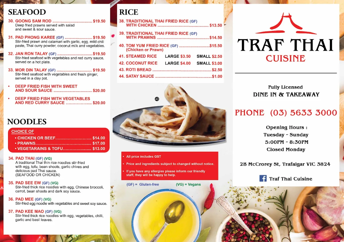 Menu, Traf Thai Cuisine