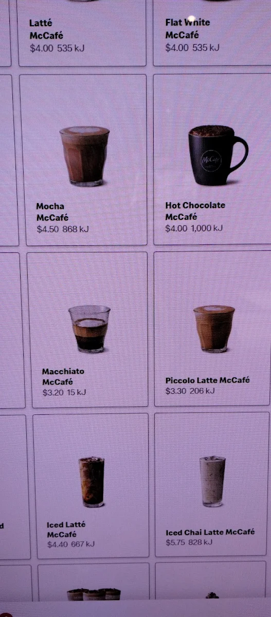 Menu, McDonald's North Hobart