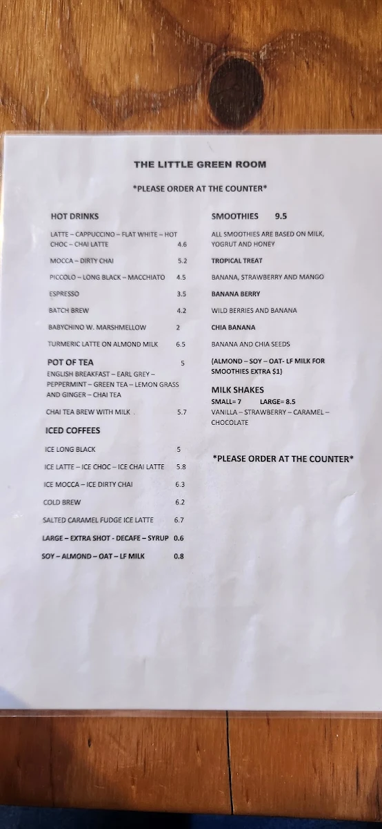 Menu, The Little Green Room