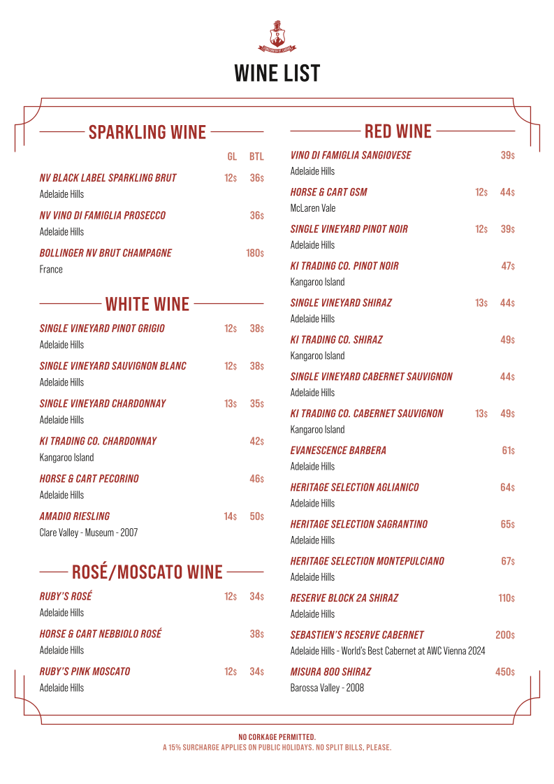 Menu, Amadio’s Vino e Cucina – Kangaroo Island