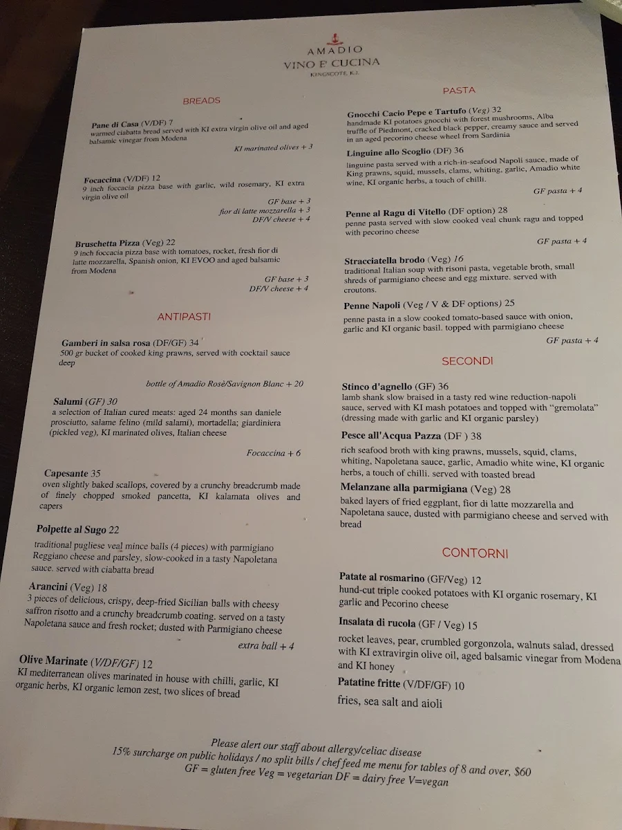 Menu, Amadio’s Vino e Cucina – Kangaroo Island