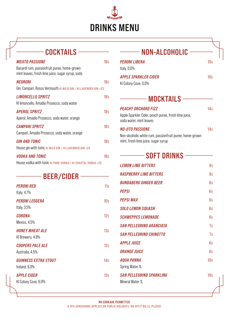 Menu, Amadio’s Vino e Cucina – Kangaroo Island