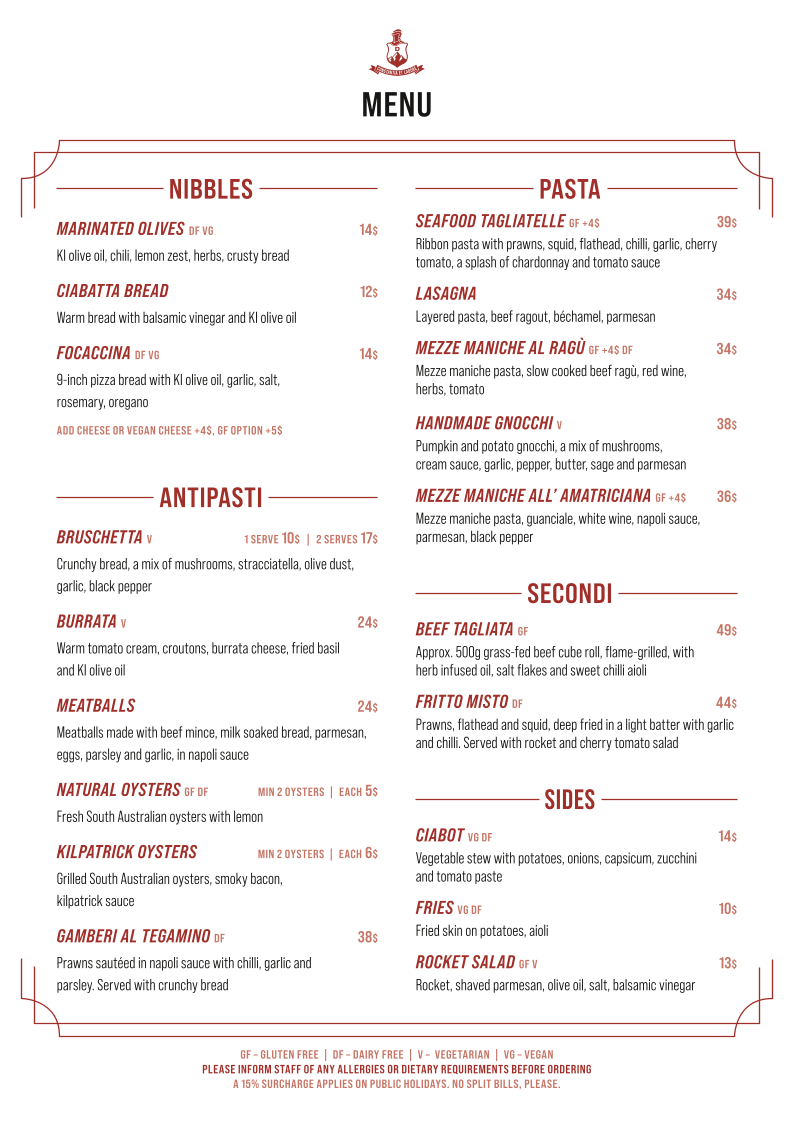 Menu, Amadio’s Vino e Cucina – Kangaroo Island