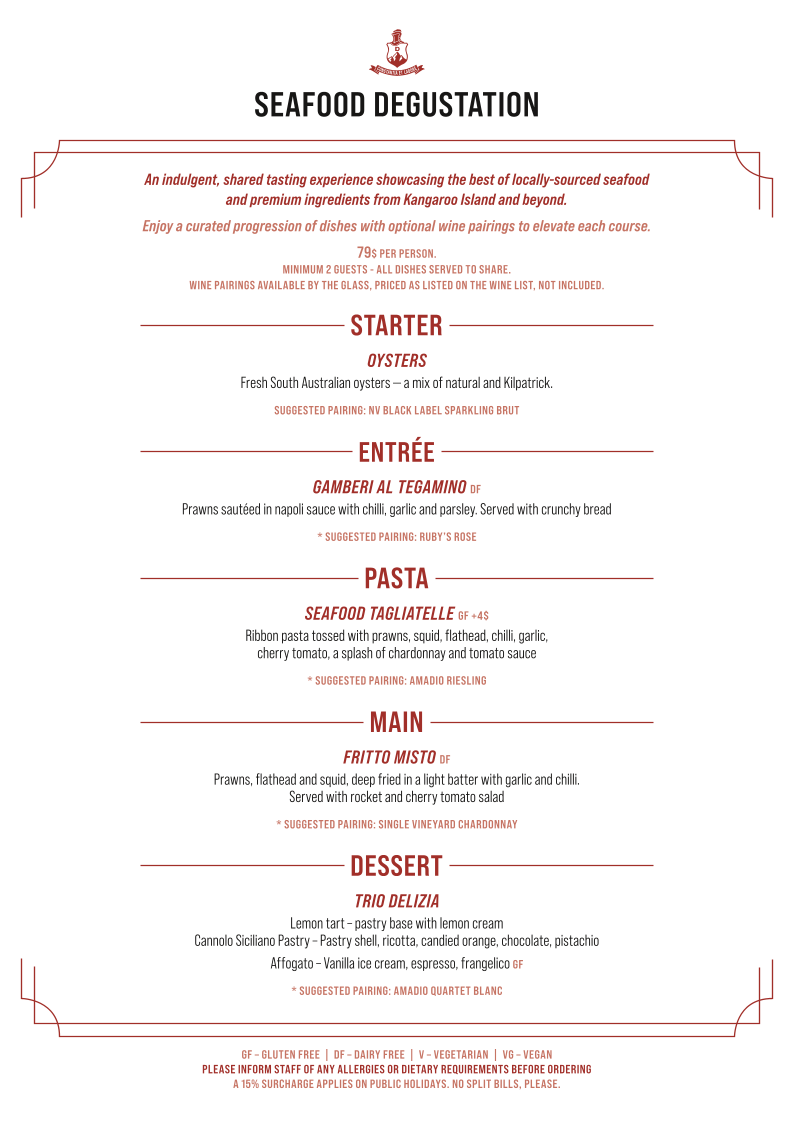 Menu, Amadio’s Vino e Cucina – Kangaroo Island