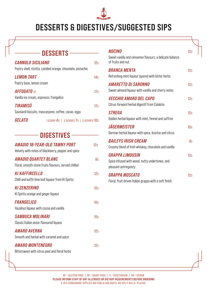 Menu, Amadio’s Vino e Cucina – Kangaroo Island