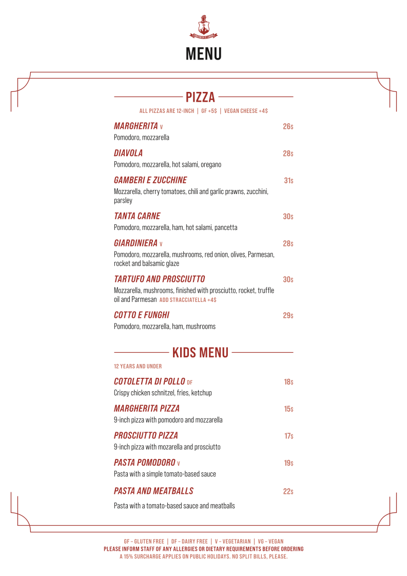 Menu, Amadio’s Vino e Cucina – Kangaroo Island
