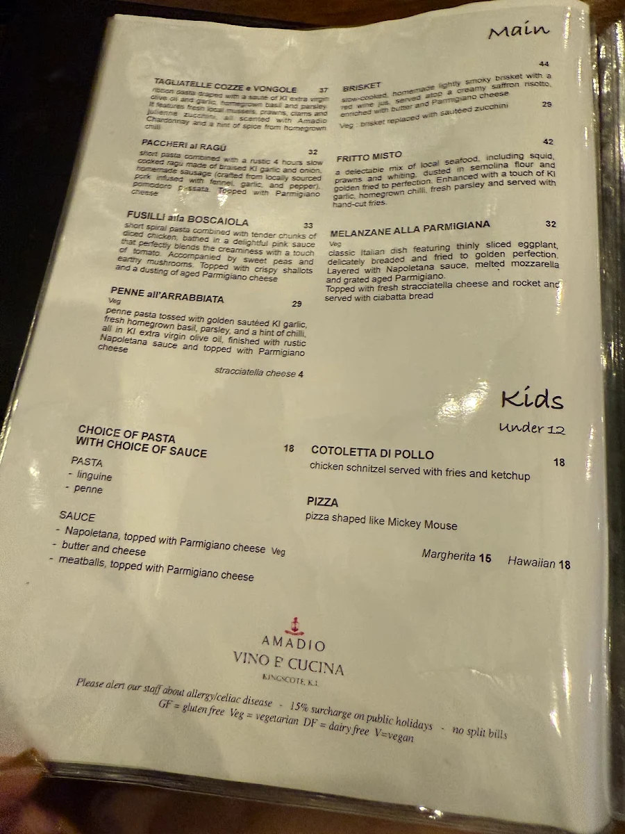 Menu, Amadio’s Vino e Cucina – Kangaroo Island