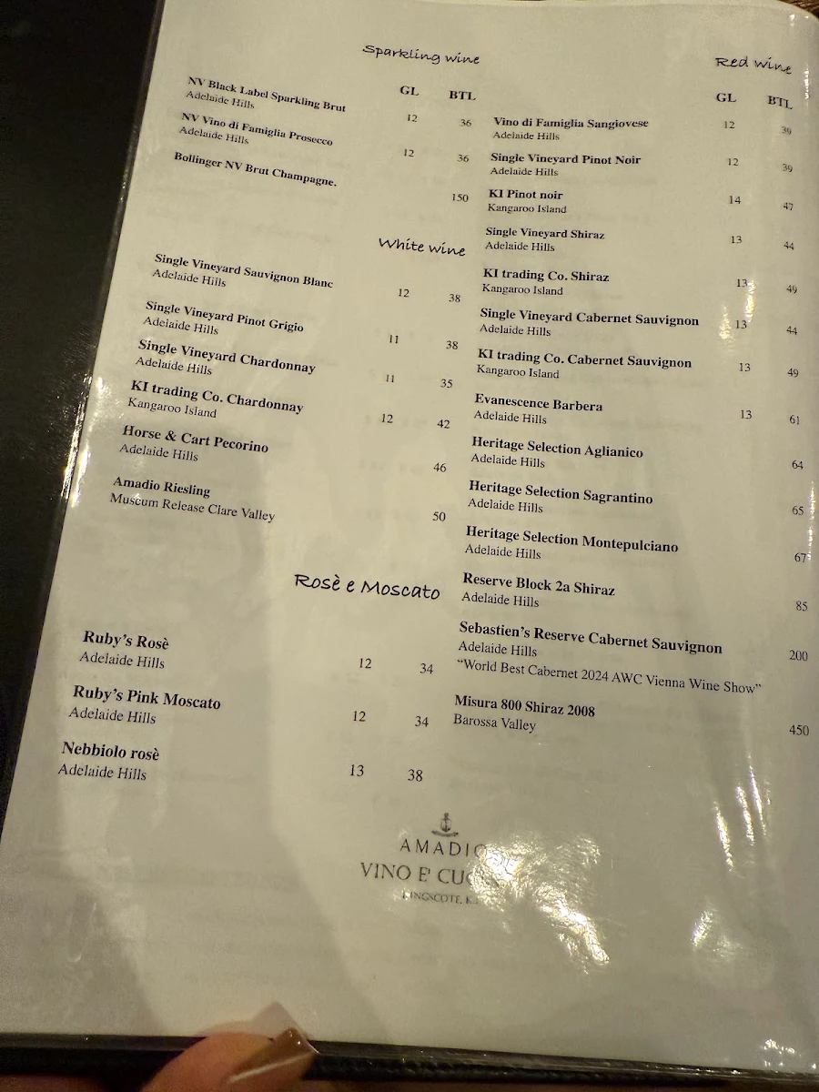 Menu, Amadio’s Vino e Cucina – Kangaroo Island