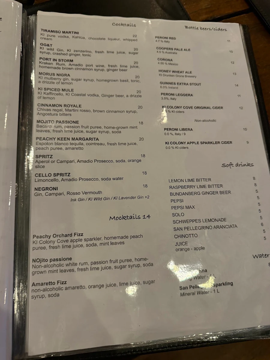 Menu, Amadio’s Vino e Cucina – Kangaroo Island
