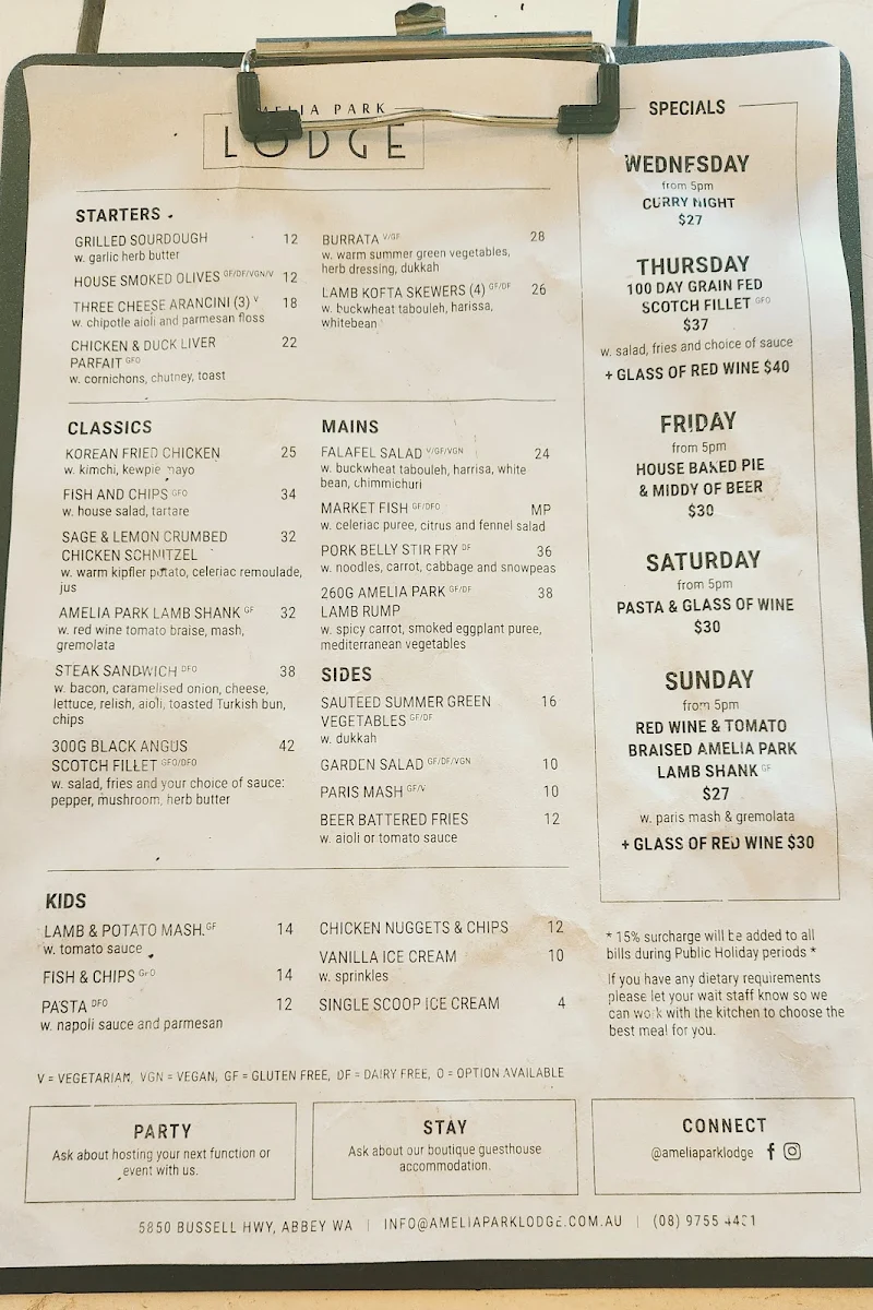 Menu, Amelia Park Lodge