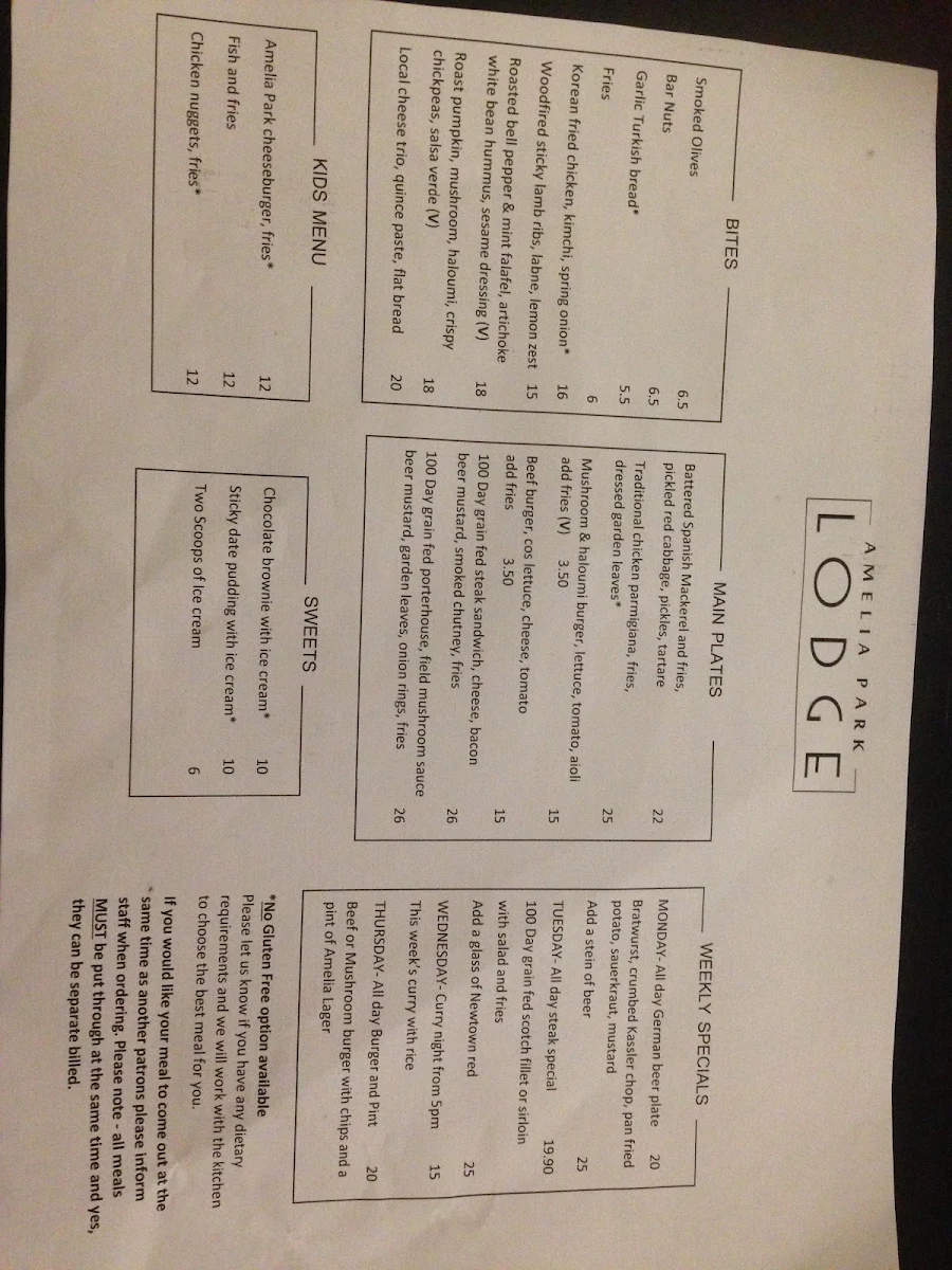Menu, Amelia Park Lodge