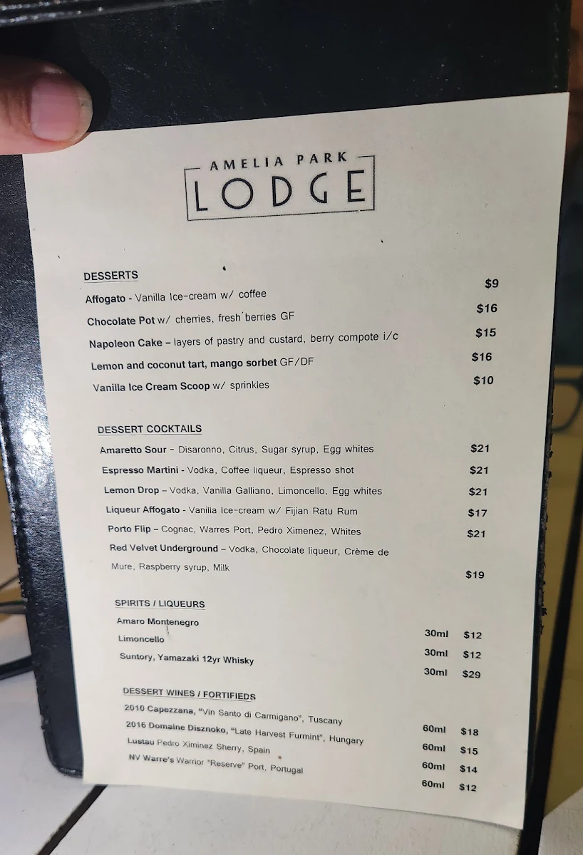Menu, Amelia Park Lodge