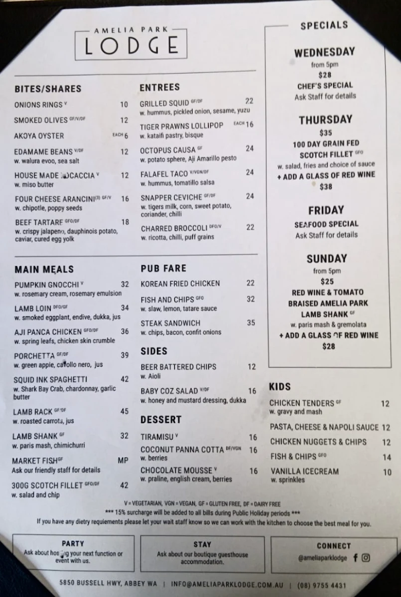 Menu, Amelia Park Lodge