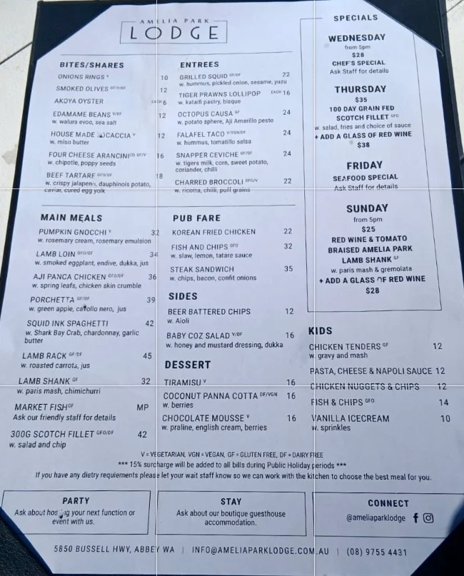 Menu, Amelia Park Lodge
