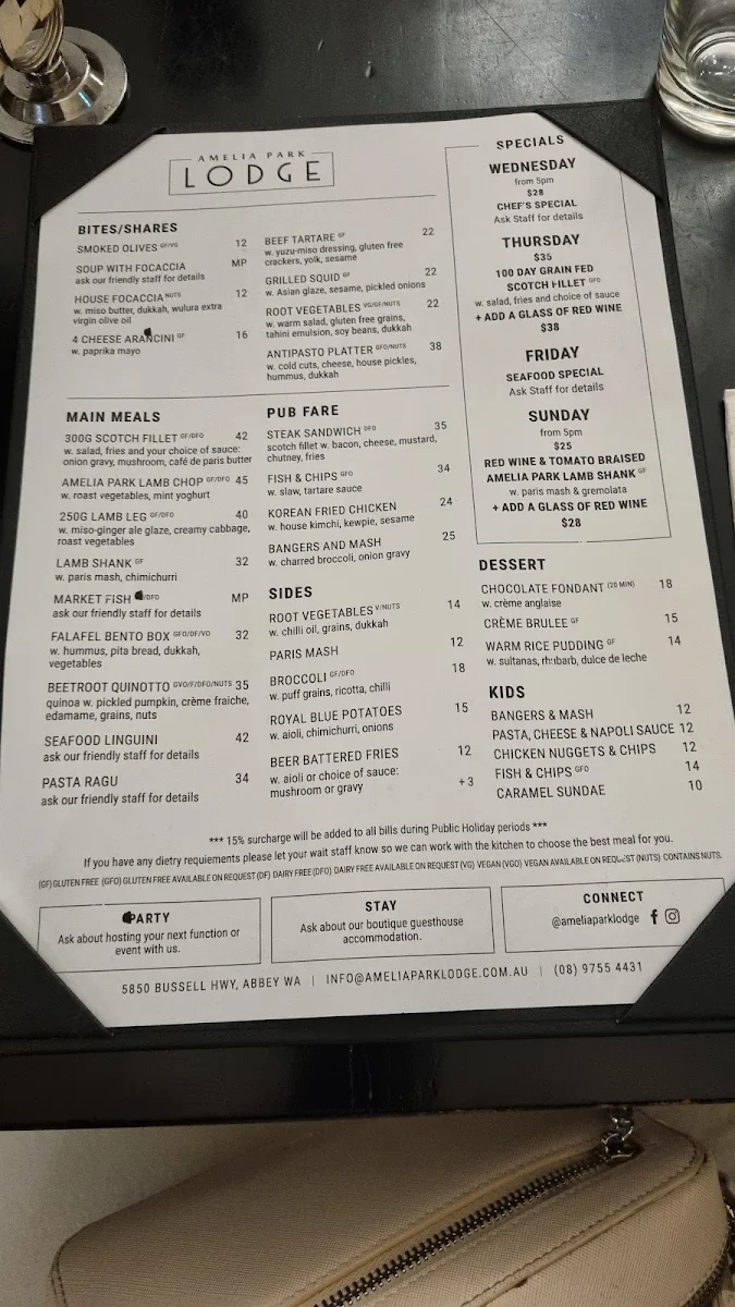 Menu, Amelia Park Lodge