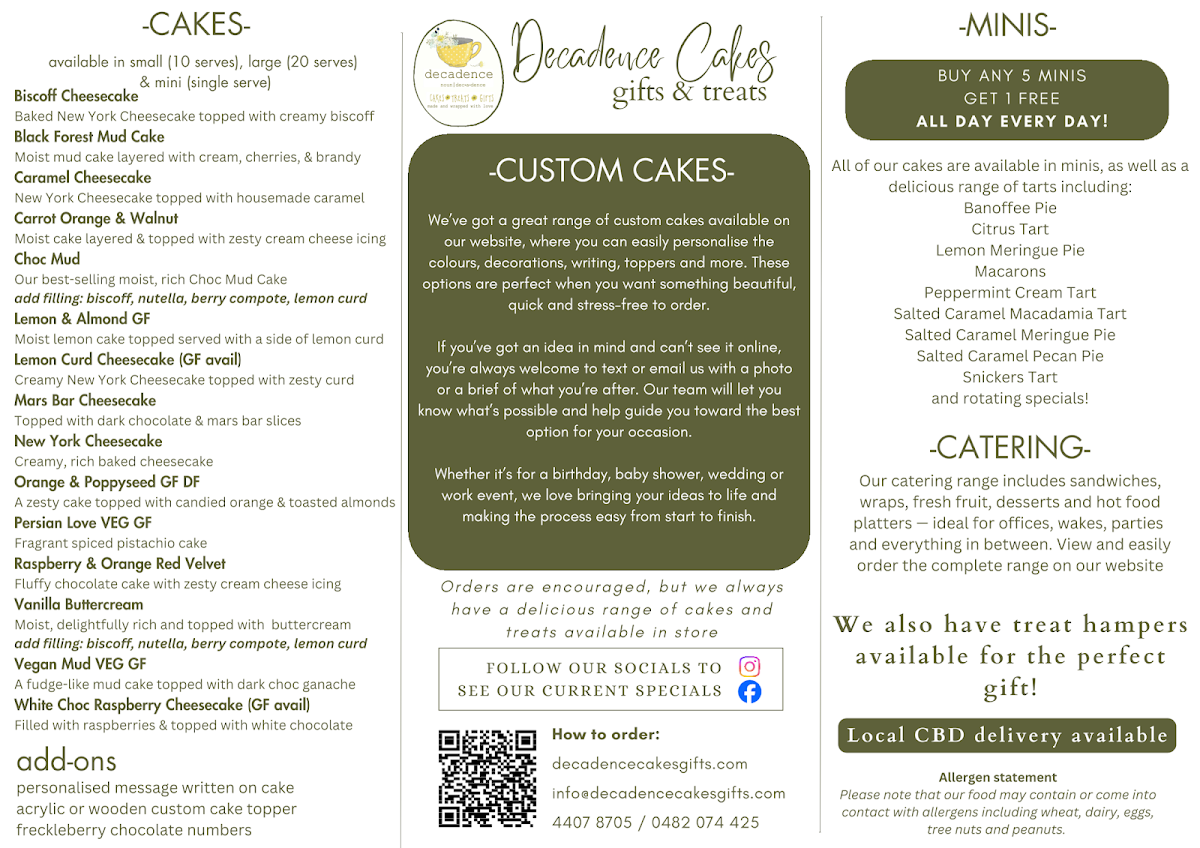Menu, Decadence Cakes Gifts & Treats