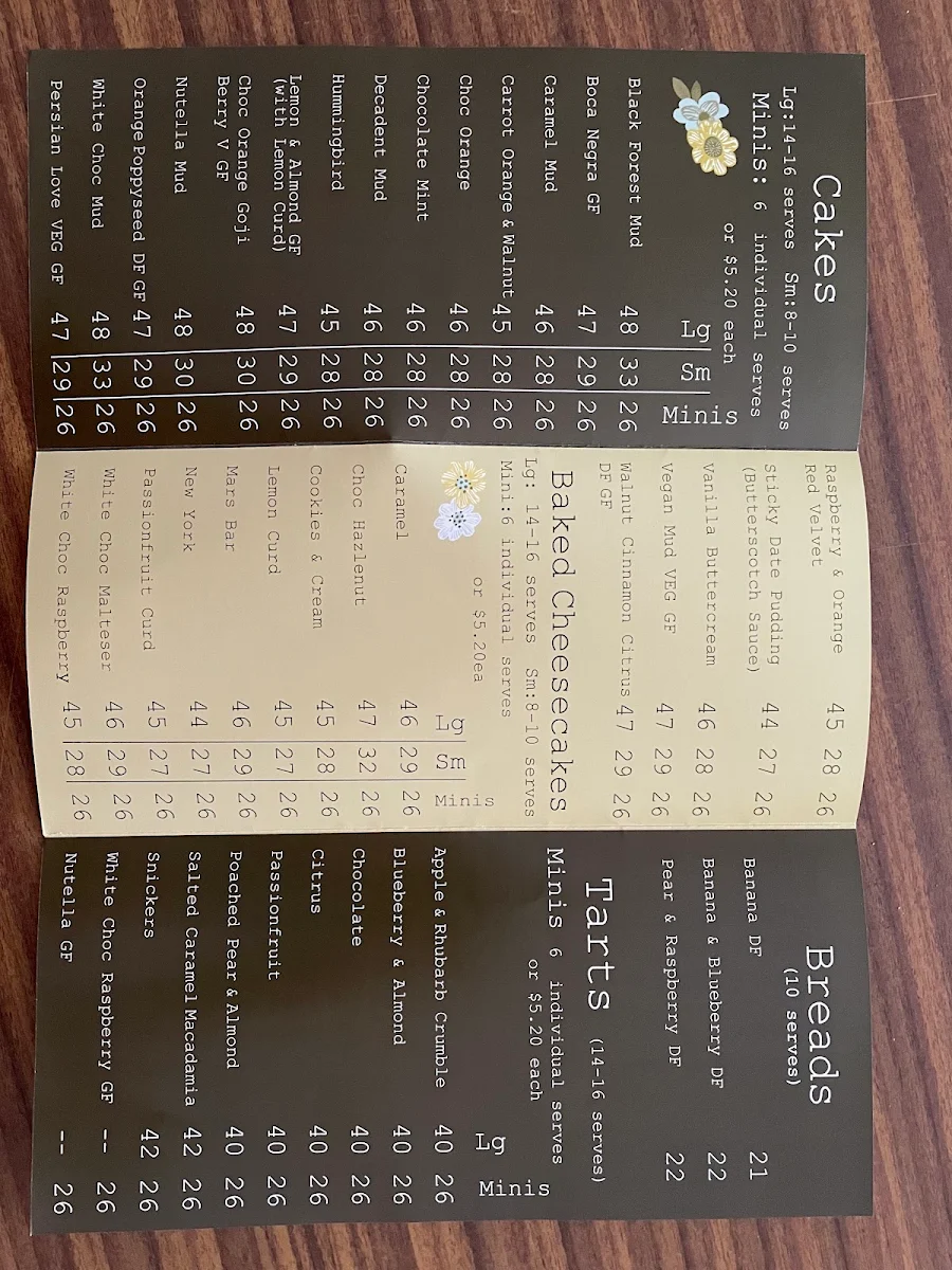 Menu, Decadence Cakes Gifts & Treats