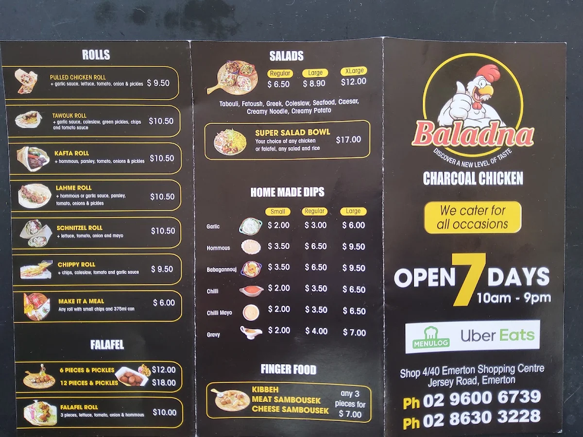 Menu, Baladna Charcoal Chicken