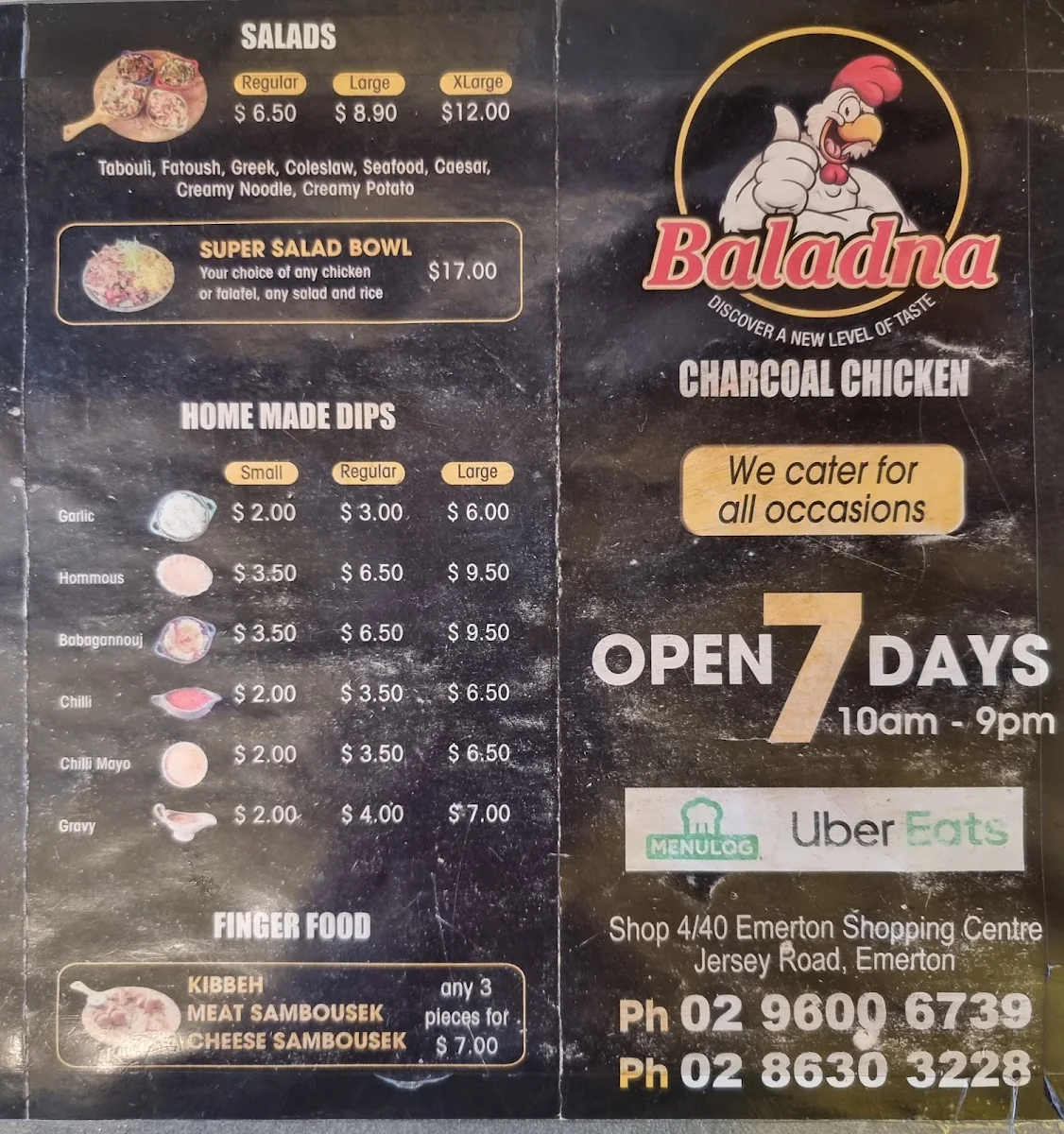 Menu, Baladna Charcoal Chicken