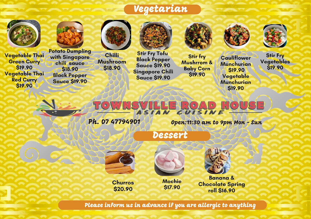 Menu, Asian Restaurant Townsville Road House