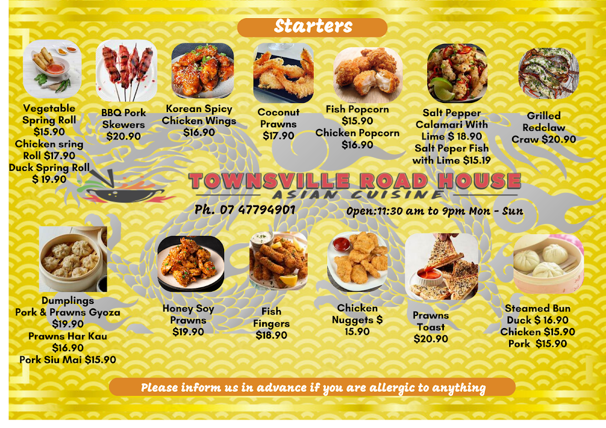 Menu, Asian Restaurant Townsville Road House