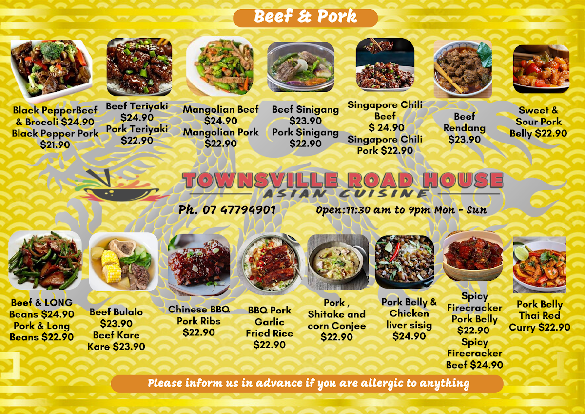 Menu, Asian Restaurant Townsville Road House