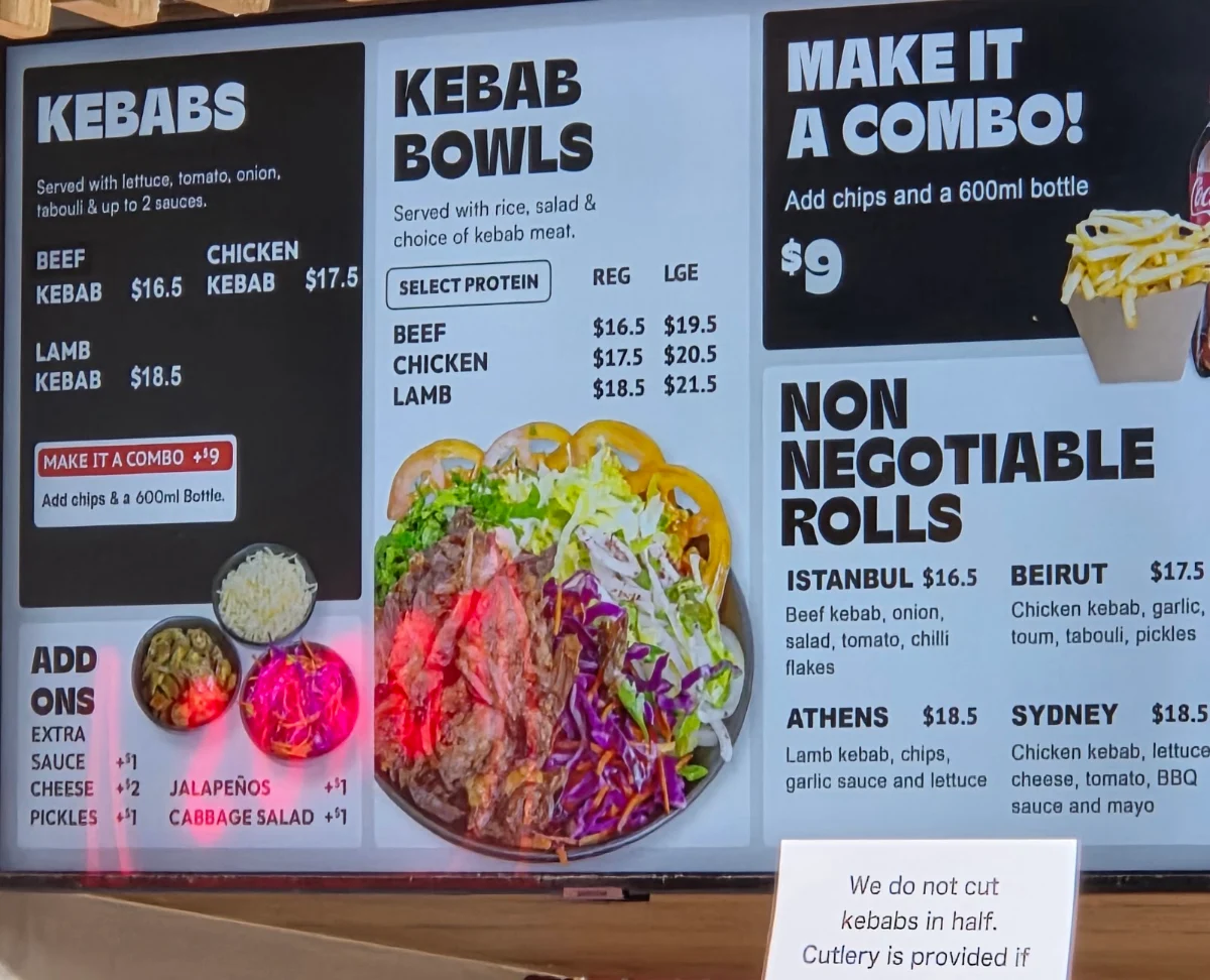 Menu, Toros Kebab ASQ