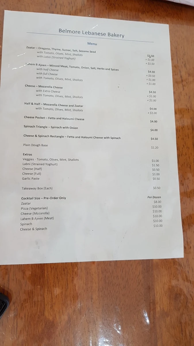 Menu, Belmore Lebanese Bakery