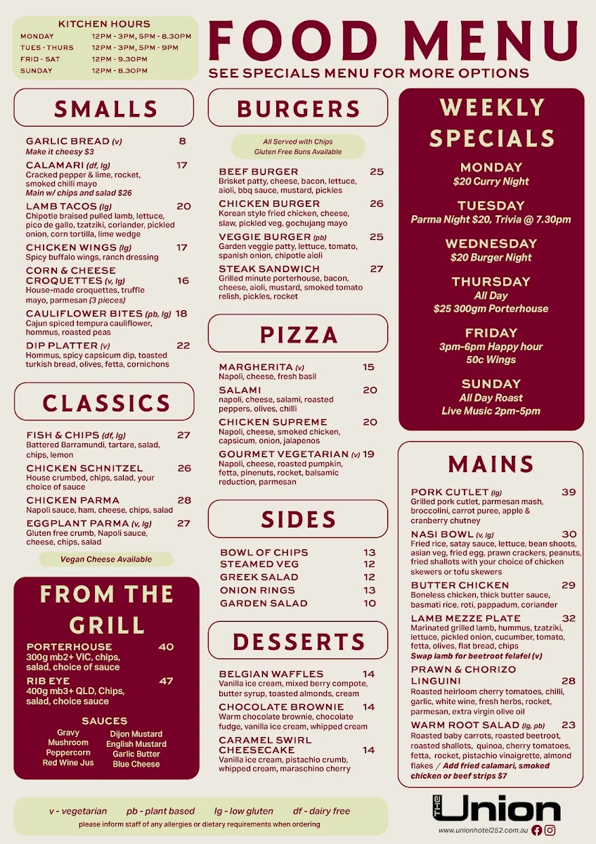 Menu, Union Hotel