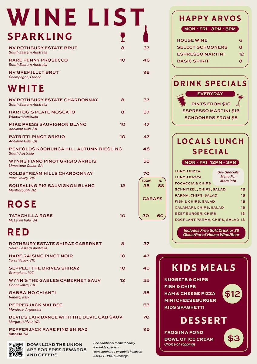 Menu, Union Hotel