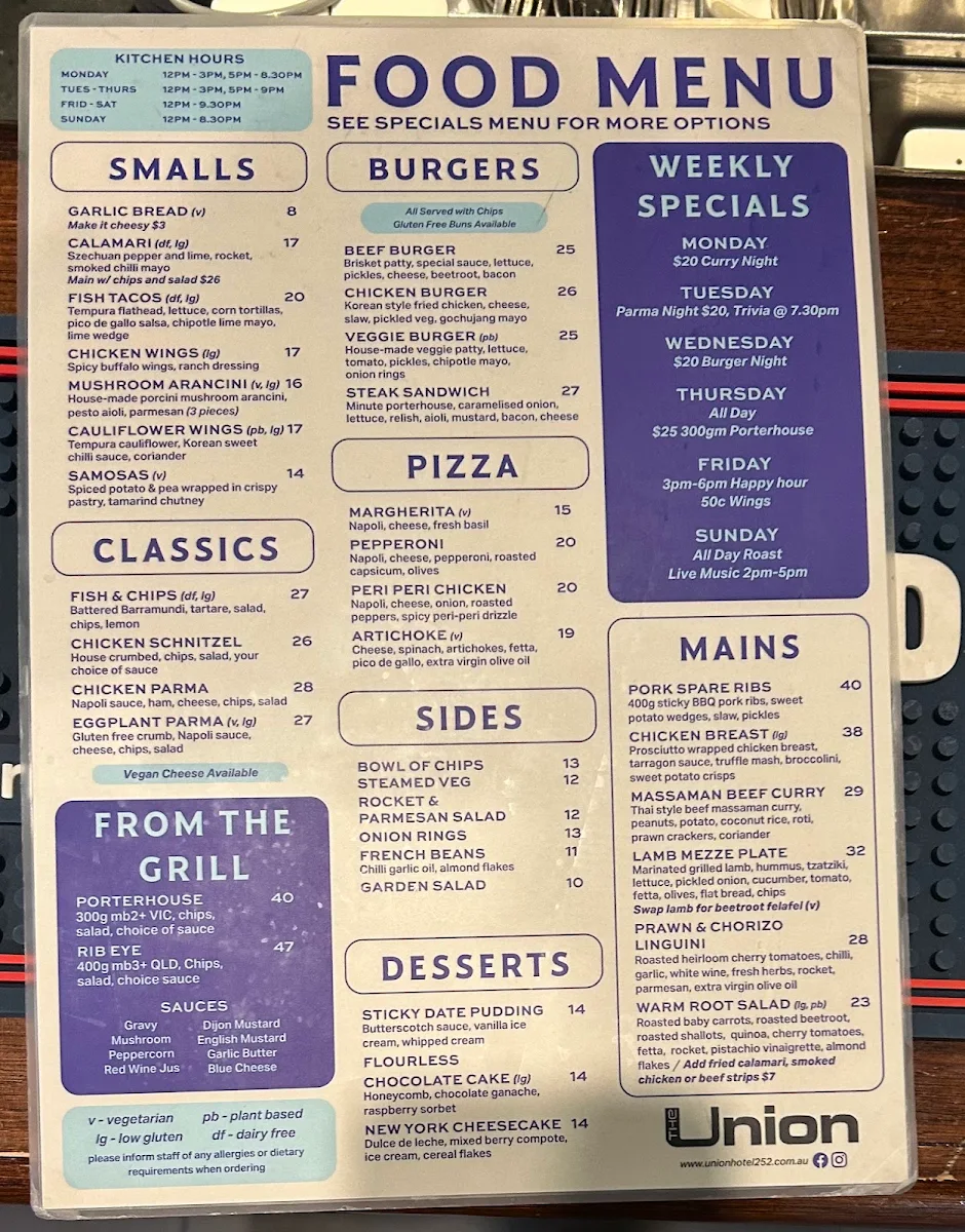 Menu, Union Hotel