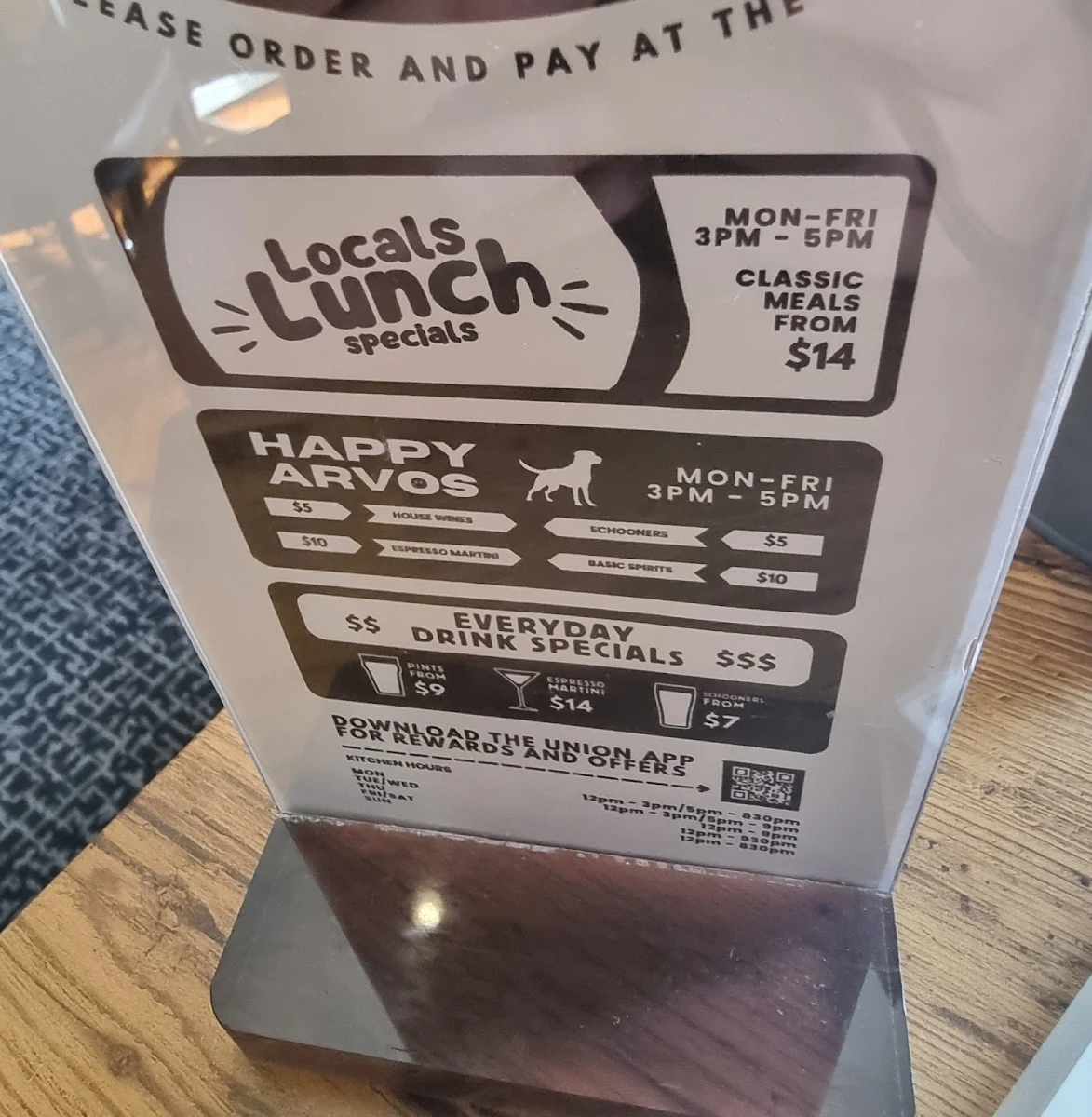 Menu, Union Hotel