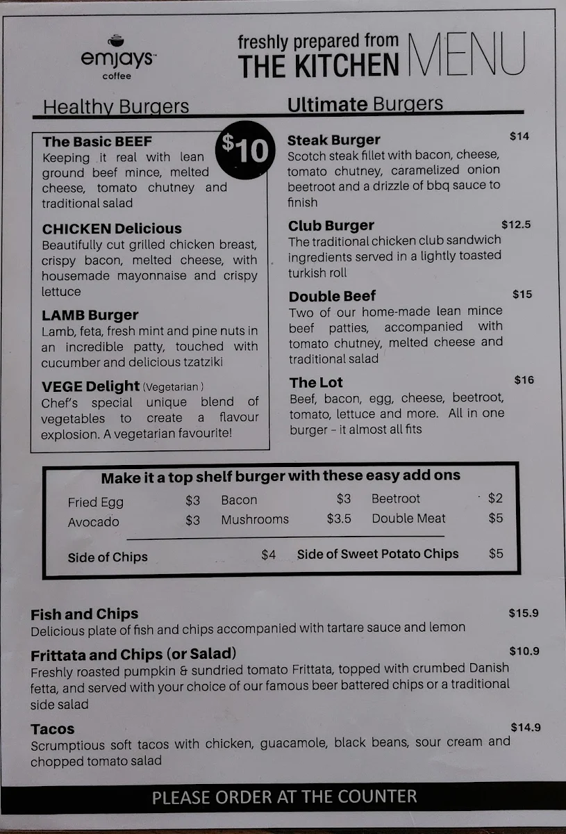 Menu, Emjays Coffee