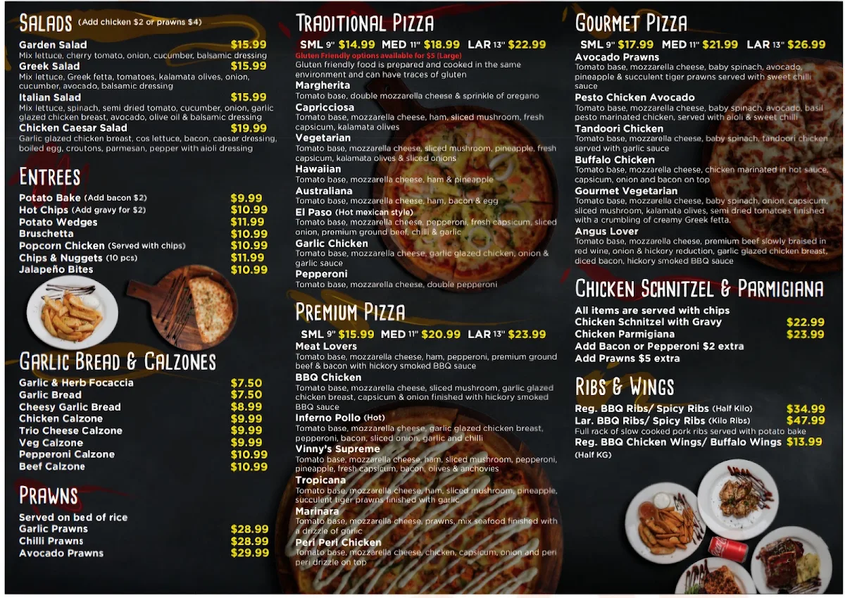 Menu, Vinny’s pizza pasta ribs Townsville