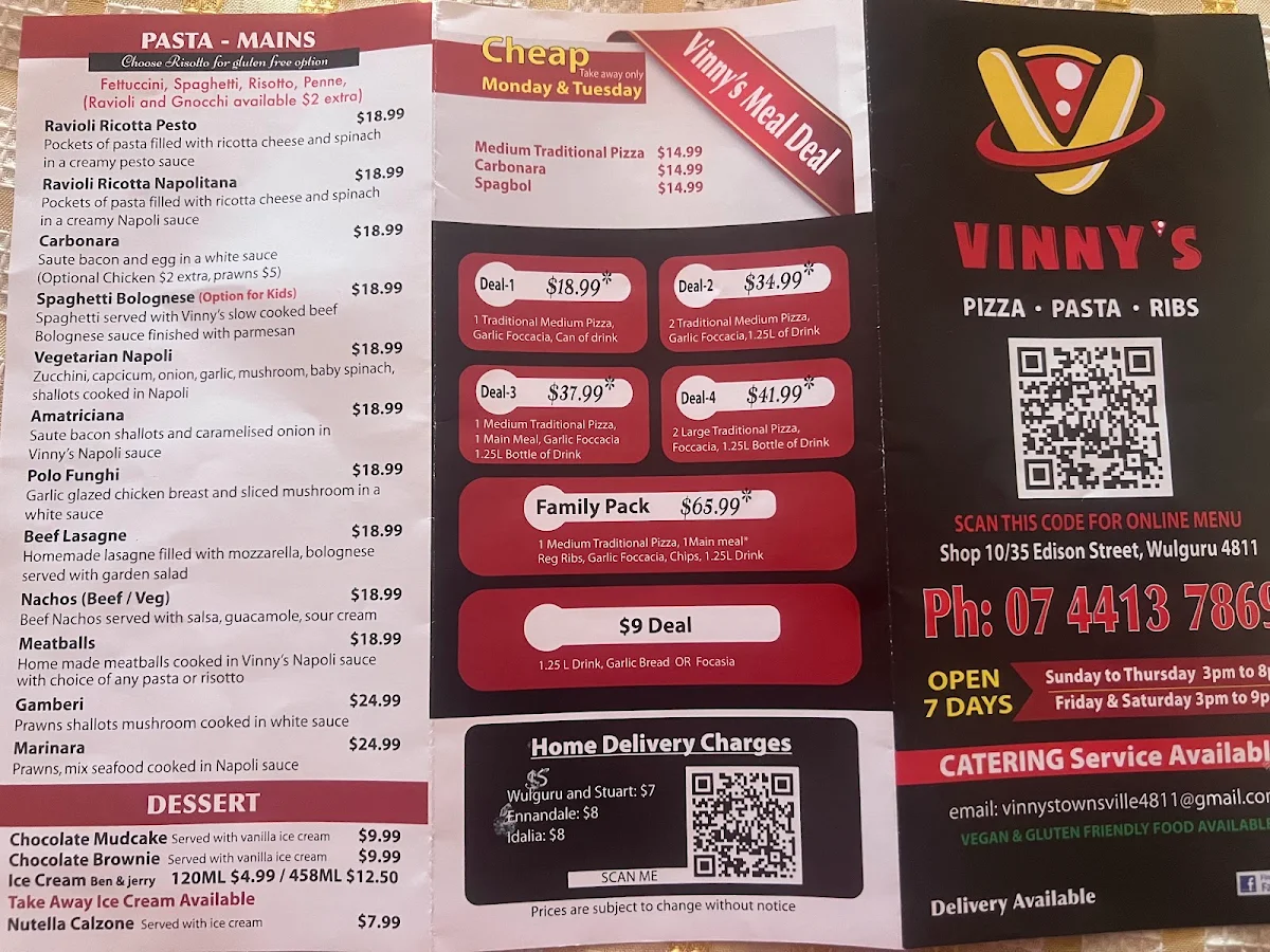 Menu, Vinny’s pizza pasta ribs Townsville