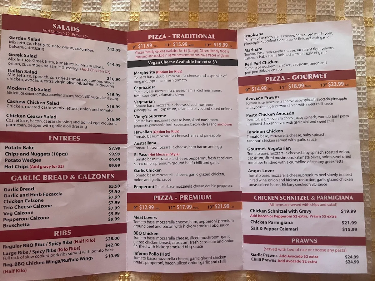 Menu, Vinny’s pizza pasta ribs Townsville