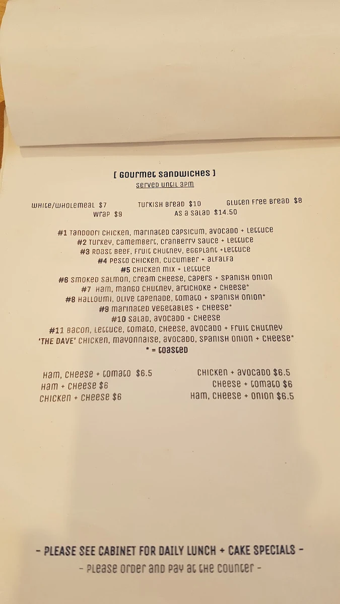 Menu, Galutzi Cafe